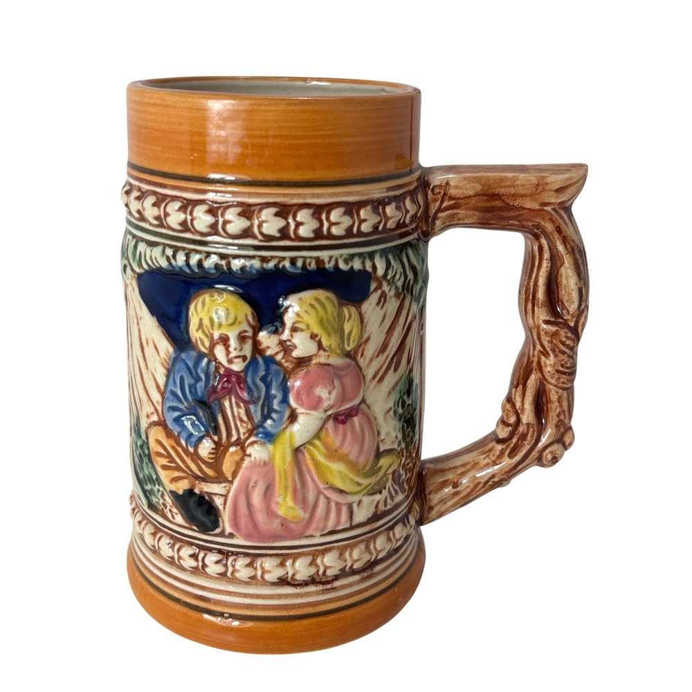 Vintage Ceramic Beer Mug Stein Courting Couple European Scandinavian Relief 5.5"